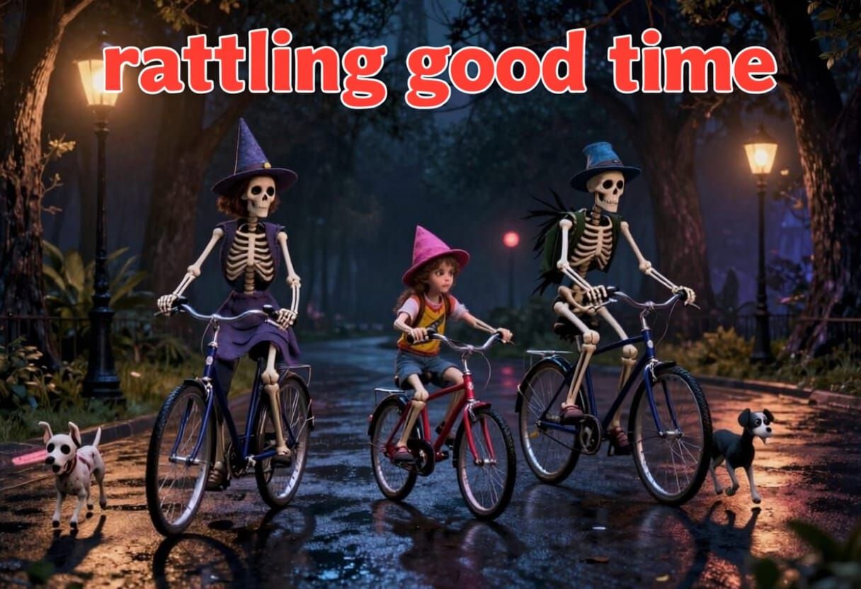 Skeletal Family Cycles Through Moonlit Park with Dog