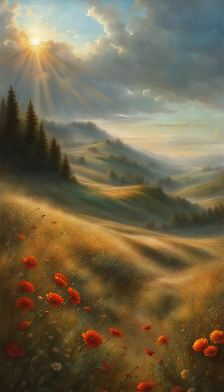 Woman in Meadow at Sunrise: Hyperrealistic Digital Art