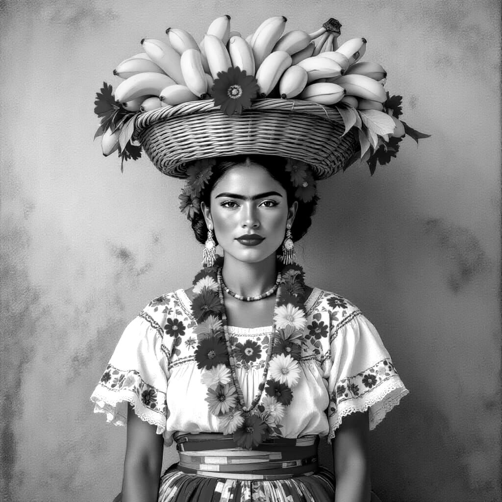 Andean Woman with Bananas in Flower Necklace