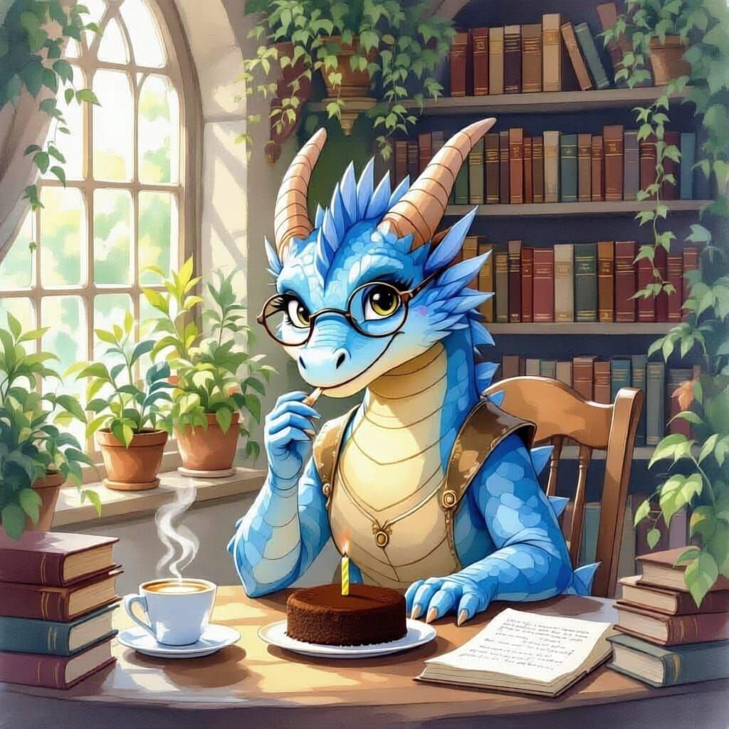 Blue Dragon Scholar and Birthday Cake in Library