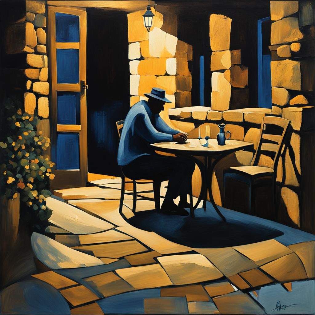 Expressionist Painting of Solitary Figure on Dimly Lit Patio
