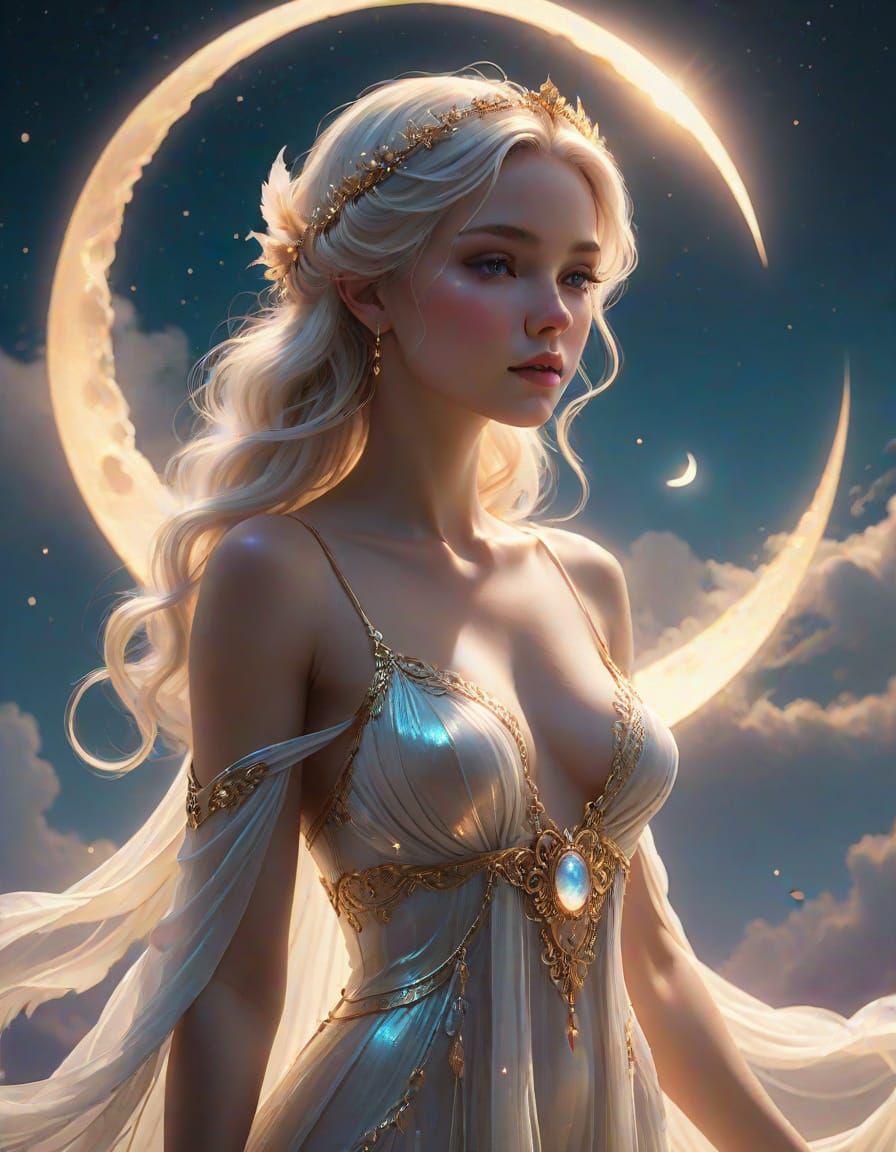 Lunar Goddess in Whimsical, Ethereal Beauty