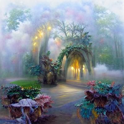 Lost Fairy in Enchanted Forest with Morning Mist