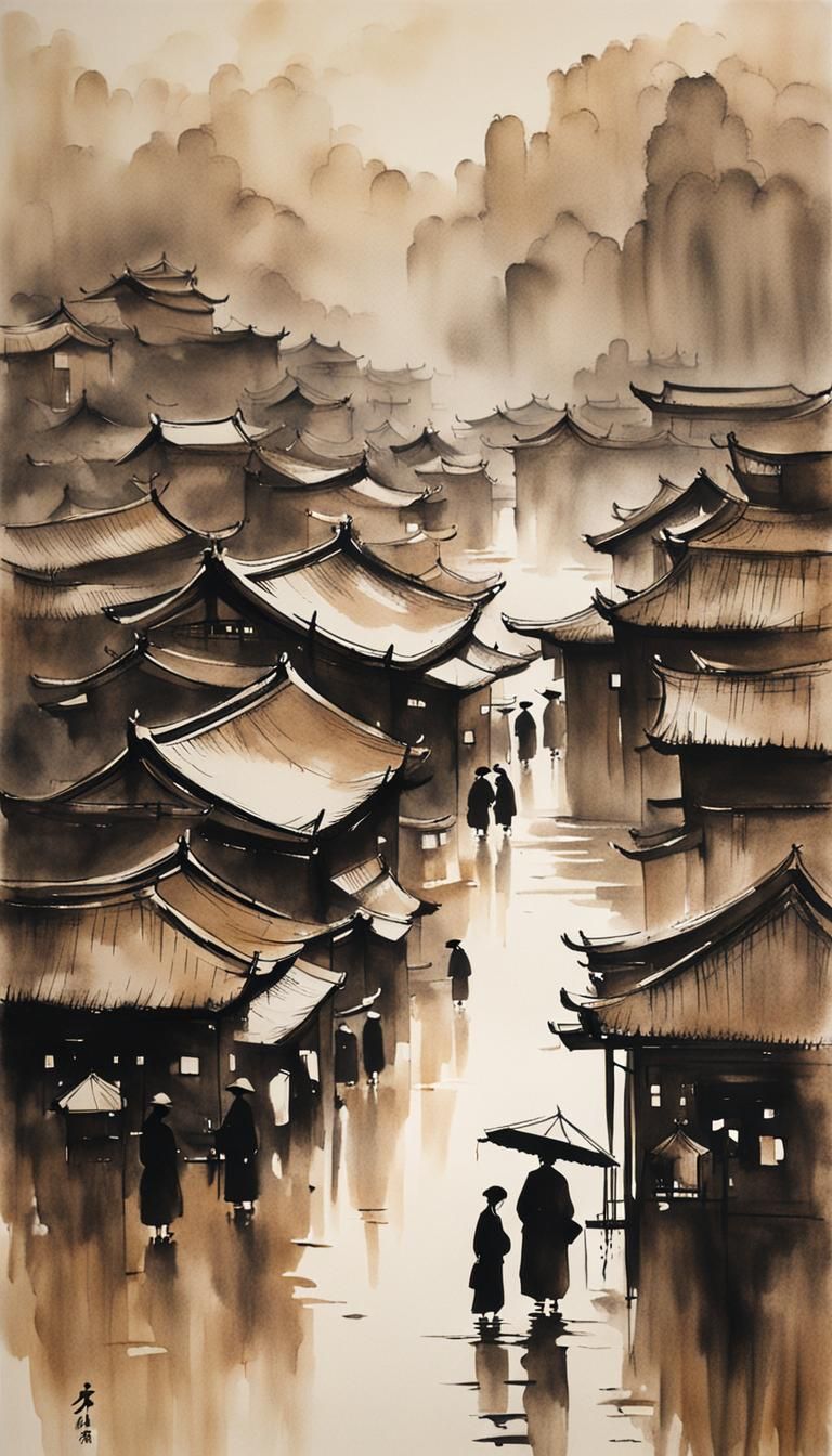Minimalist Chinese Ink Painting: Rainy Market Scene
