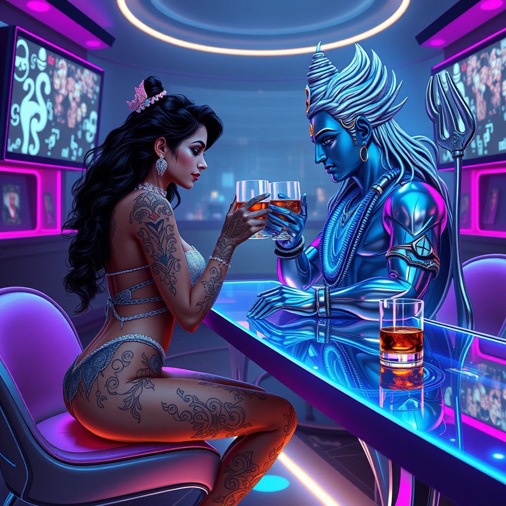 Futuristic Indian Woman and Shiva Share Whiskey