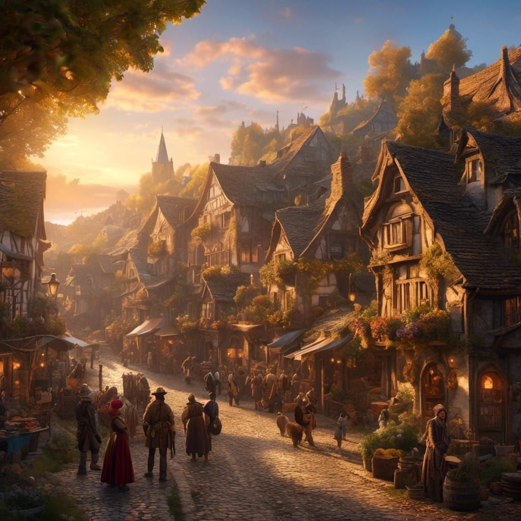 14th Century Town at Sunrise in Hyperreal Style