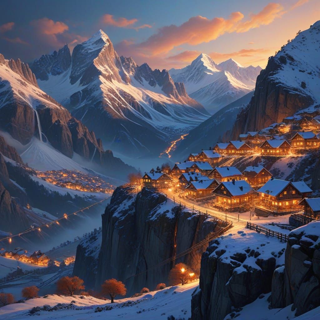 Alien Surreal Alpine Village at Golden Hour