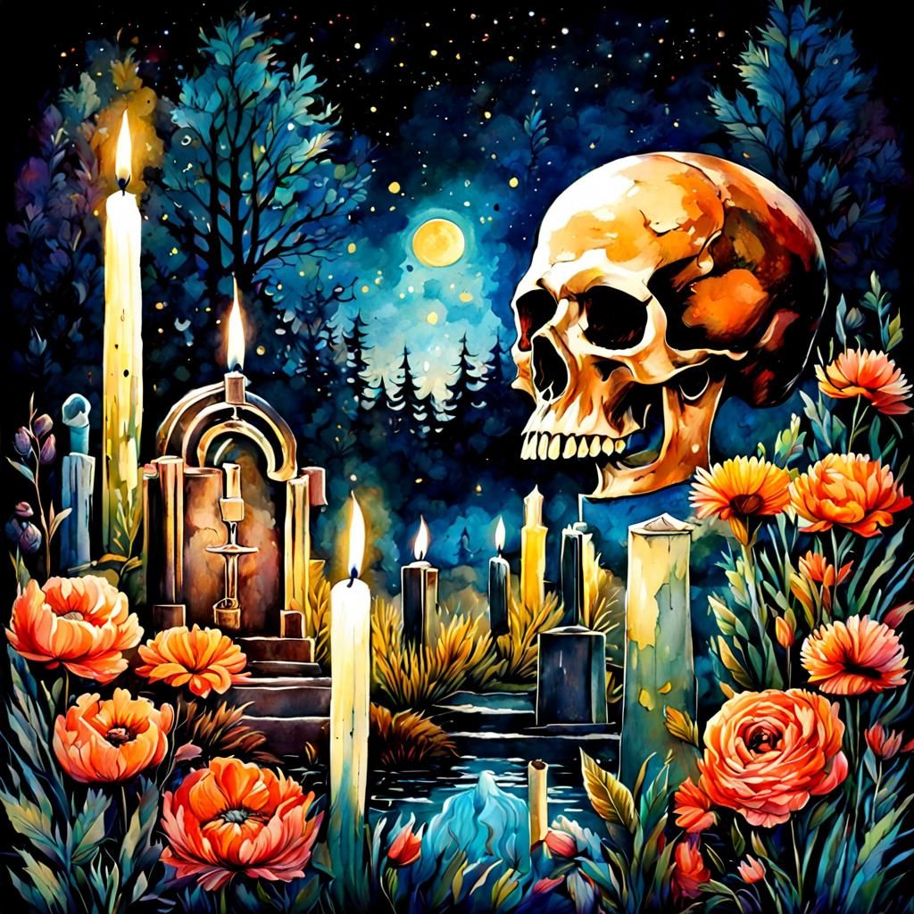 La Llorona in Cemetery: Vintage Watercolor Illustration