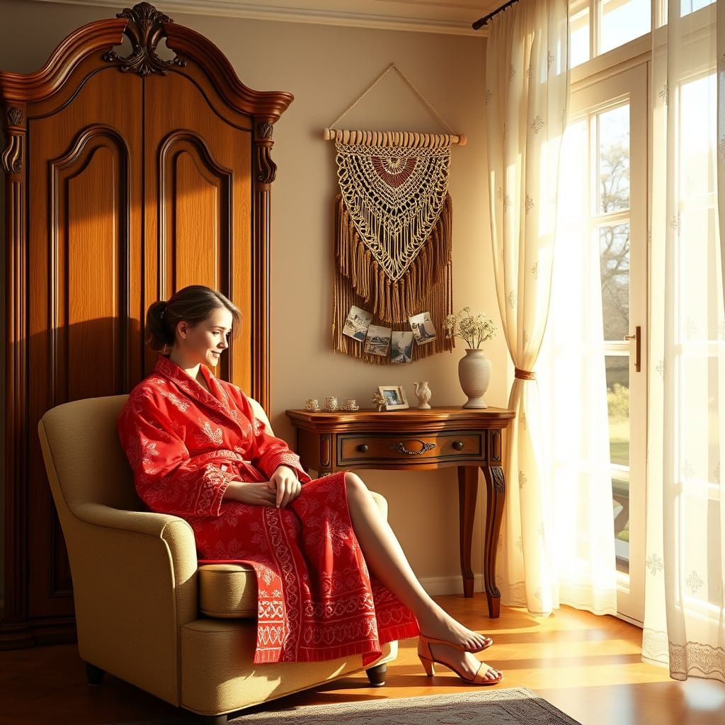 Cozy Afternoon Retreat in Elegant Red Bathrobe