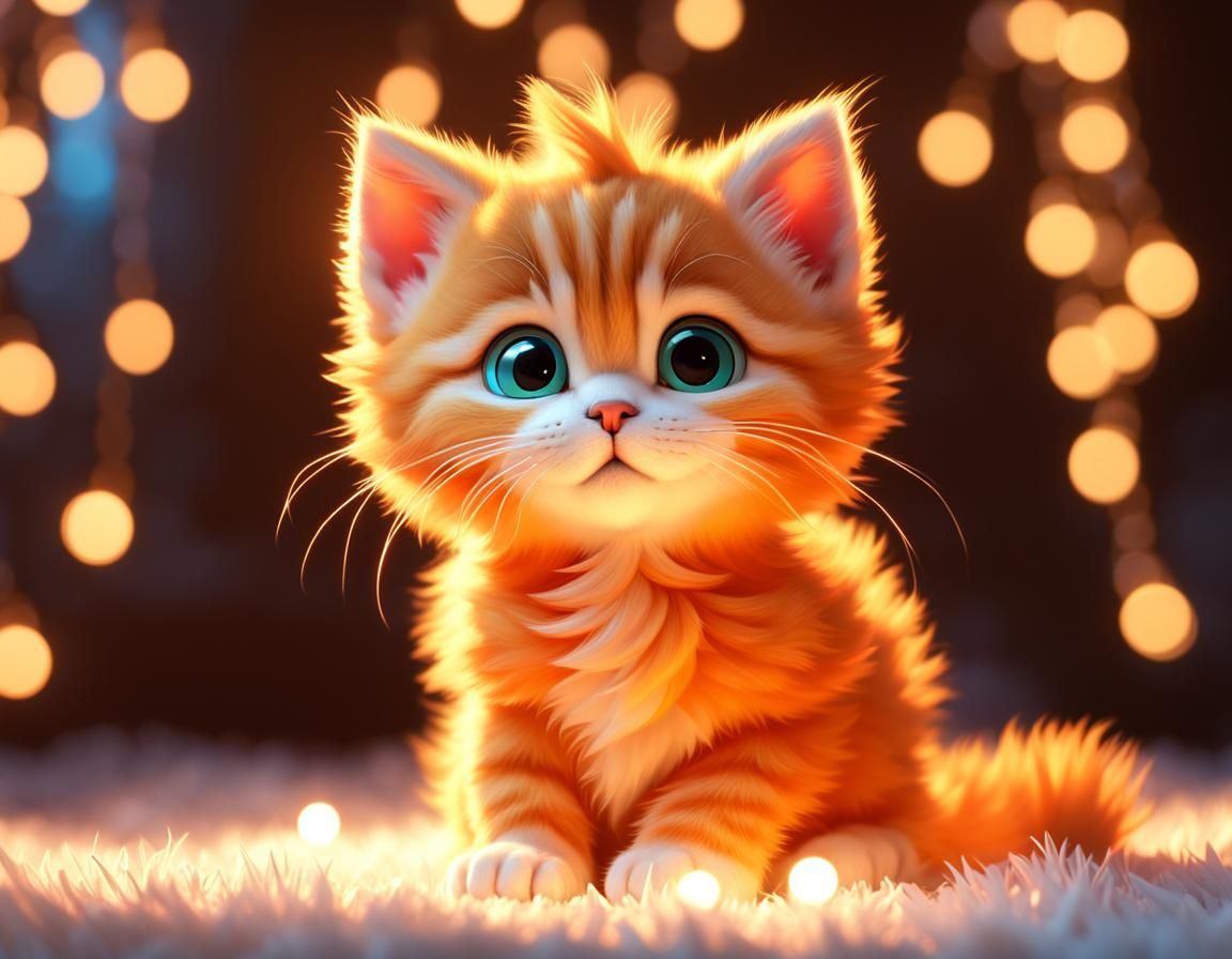 Fluffy Orange Kitten Plays in String Lights: 3D Art
