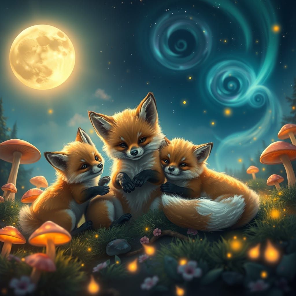 Whimsical Fox Pups Frolic Under Celestial Night Sky