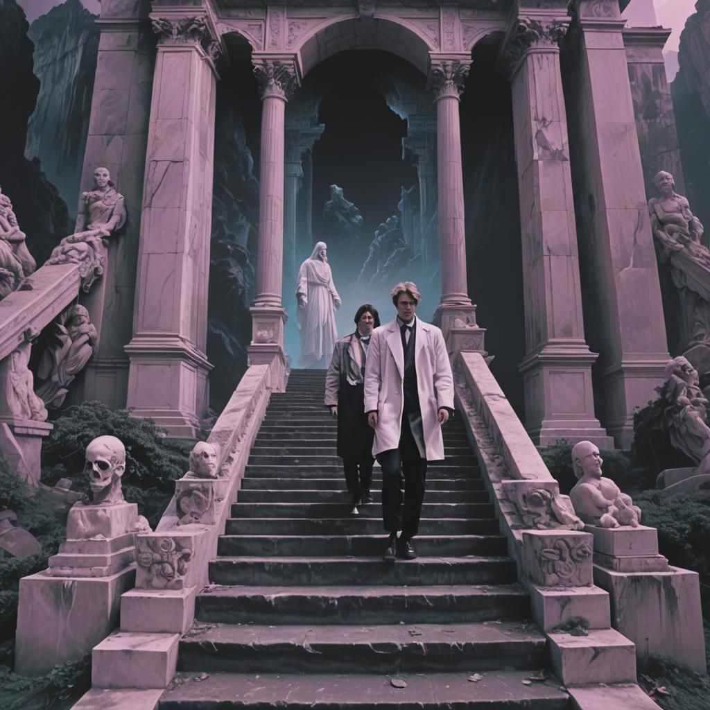 Vaporwave Ghostly Figures Descending Stairs in 80s Style