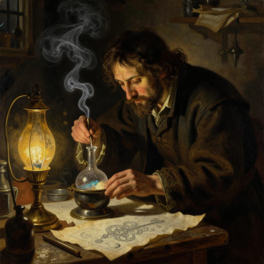 Alchemist's Secret Ritual in Dimly Lit Lab