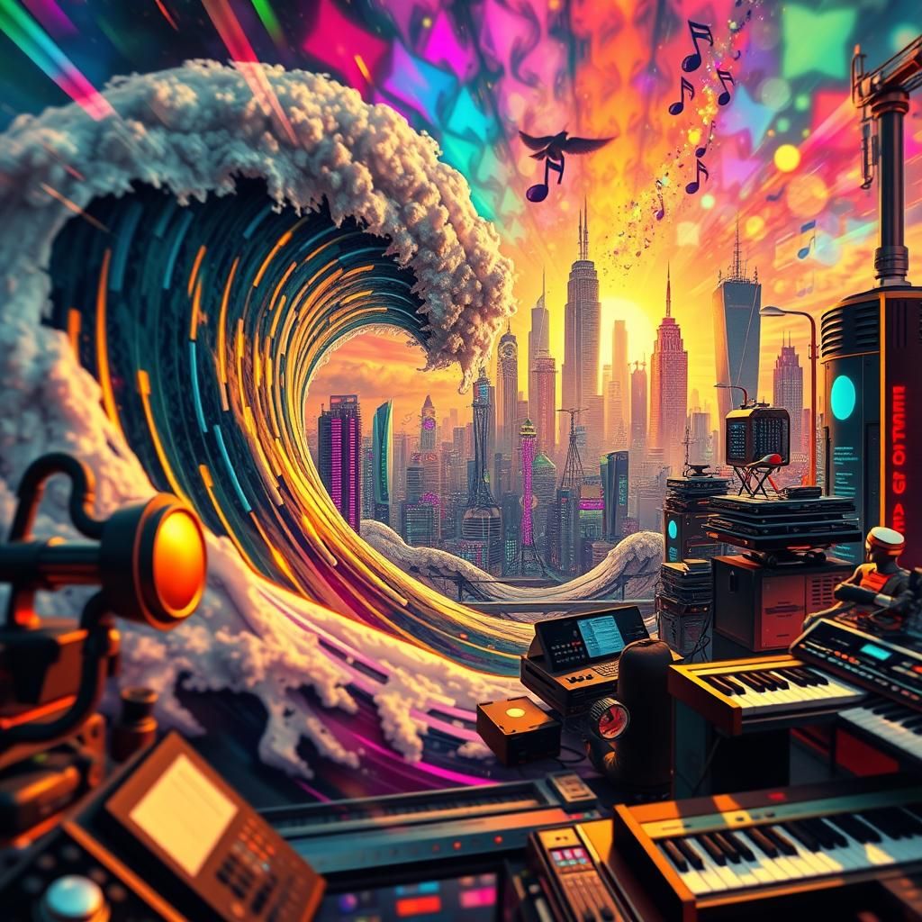 Psychedelic Solarpunk Cityscape with Musical Mirage