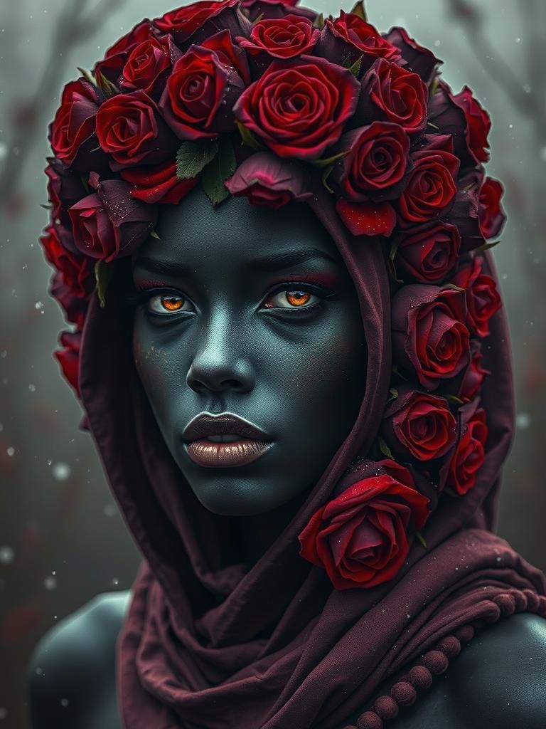 Exotic Woman in Roses, Photorealistic Digital Art