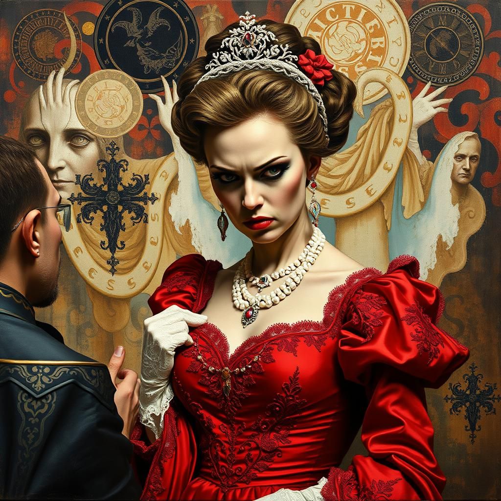 Angry Woman in Baroque Attire with Impasto Background