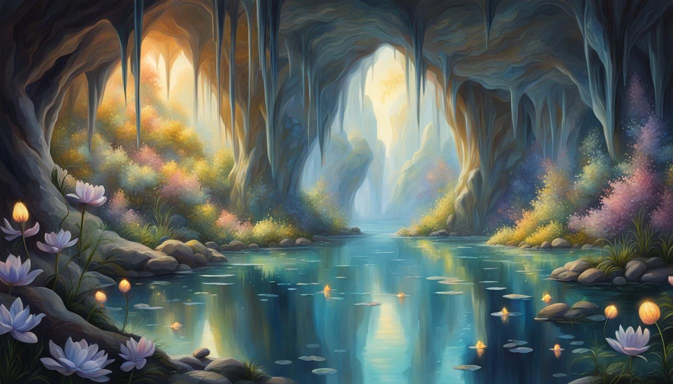 Magical Glowing Crystal Flower Cave with Lake