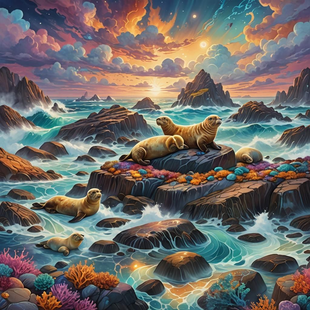 Seals Lounging in Rough Seas: Surreal Cosmic Illustration