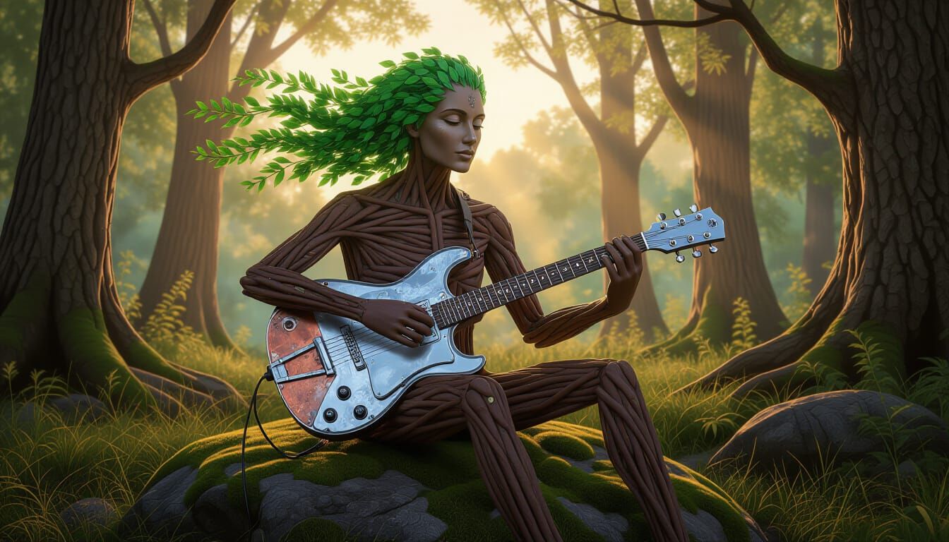Enchanted Forest: Humanoid Figure Plays Futuristic Guitar