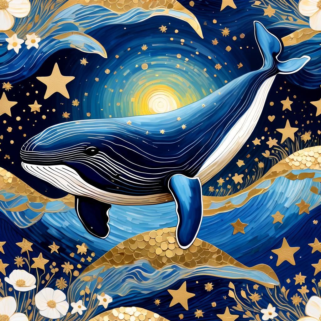 Whale Painting in Impasto Style with Starry Sky