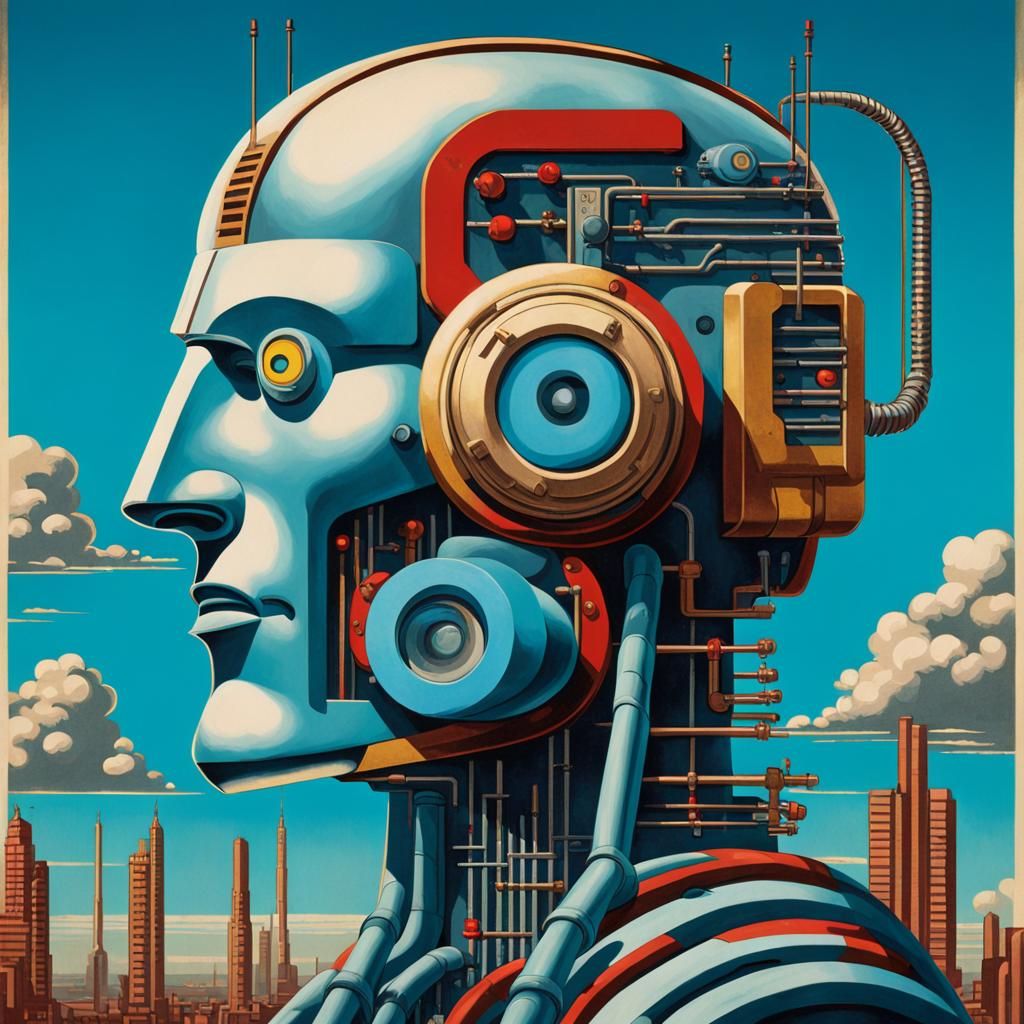 Cyborg Robot Man in 1930s Pop Art Style