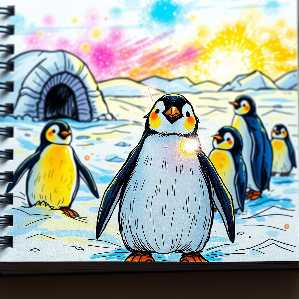 Whimsical Doodle Scene in Antarctica with Colorful Penguins