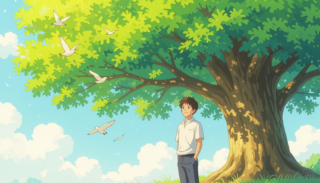 Hopeful Young Man Under Tree in Anime Style