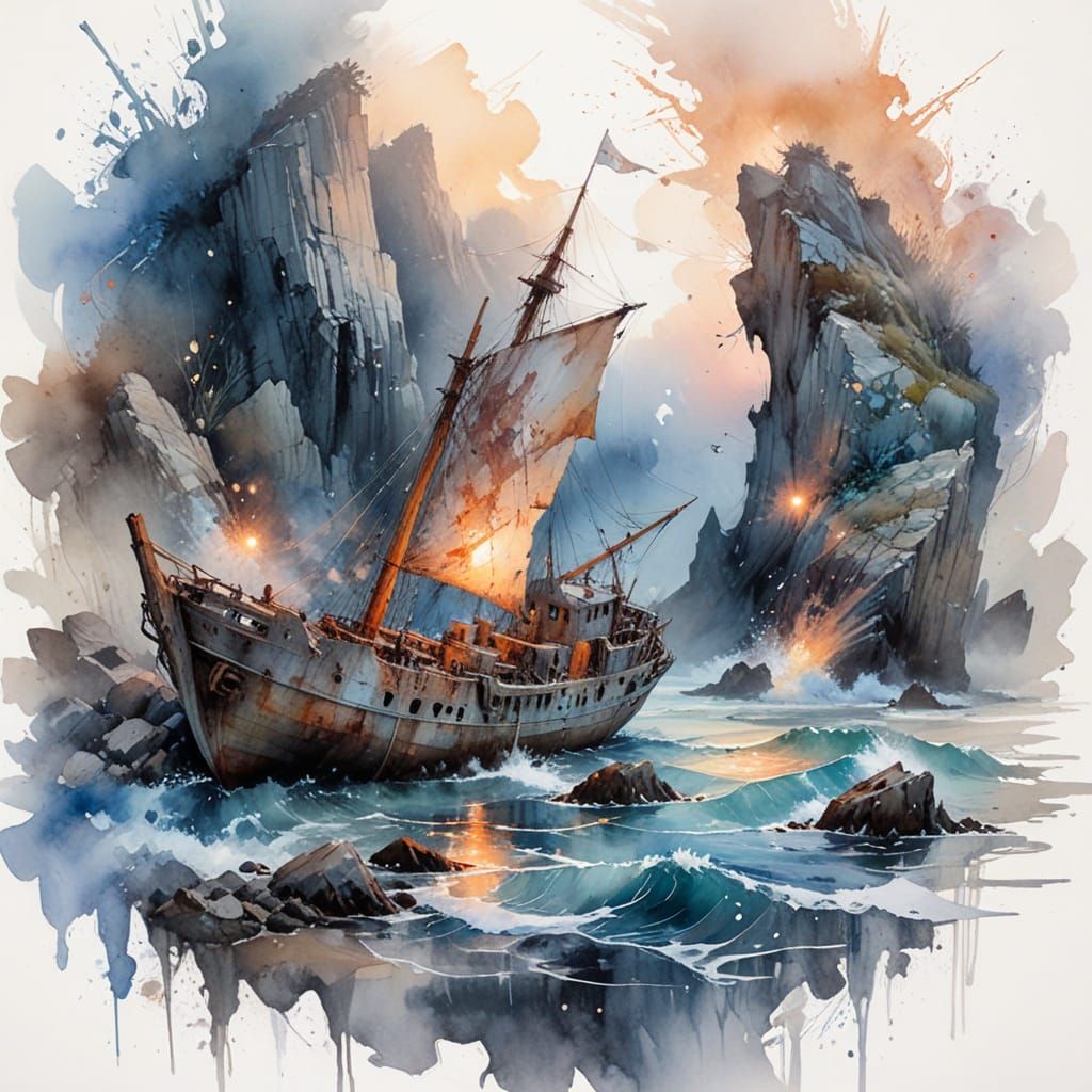 Twilight Shipwreck on Rocky Shore: Watercolor Art