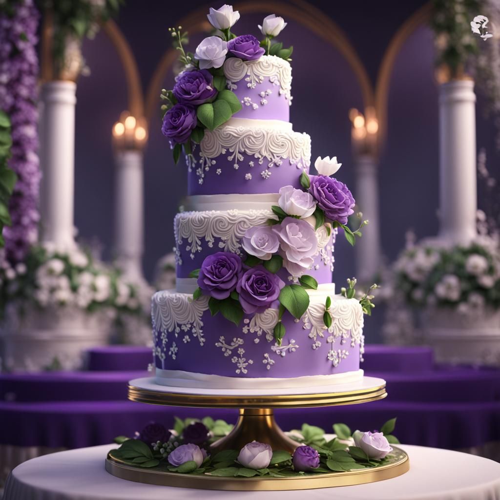 Exquisite Purple and White Wedding Cake with Floral Accents