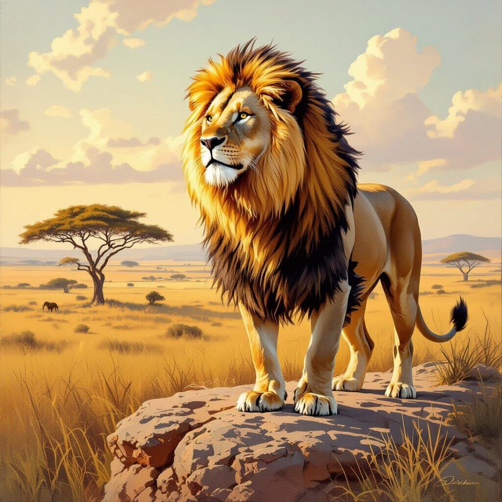 Majestic Lion Overlooking African Savanna in Realistic Style
