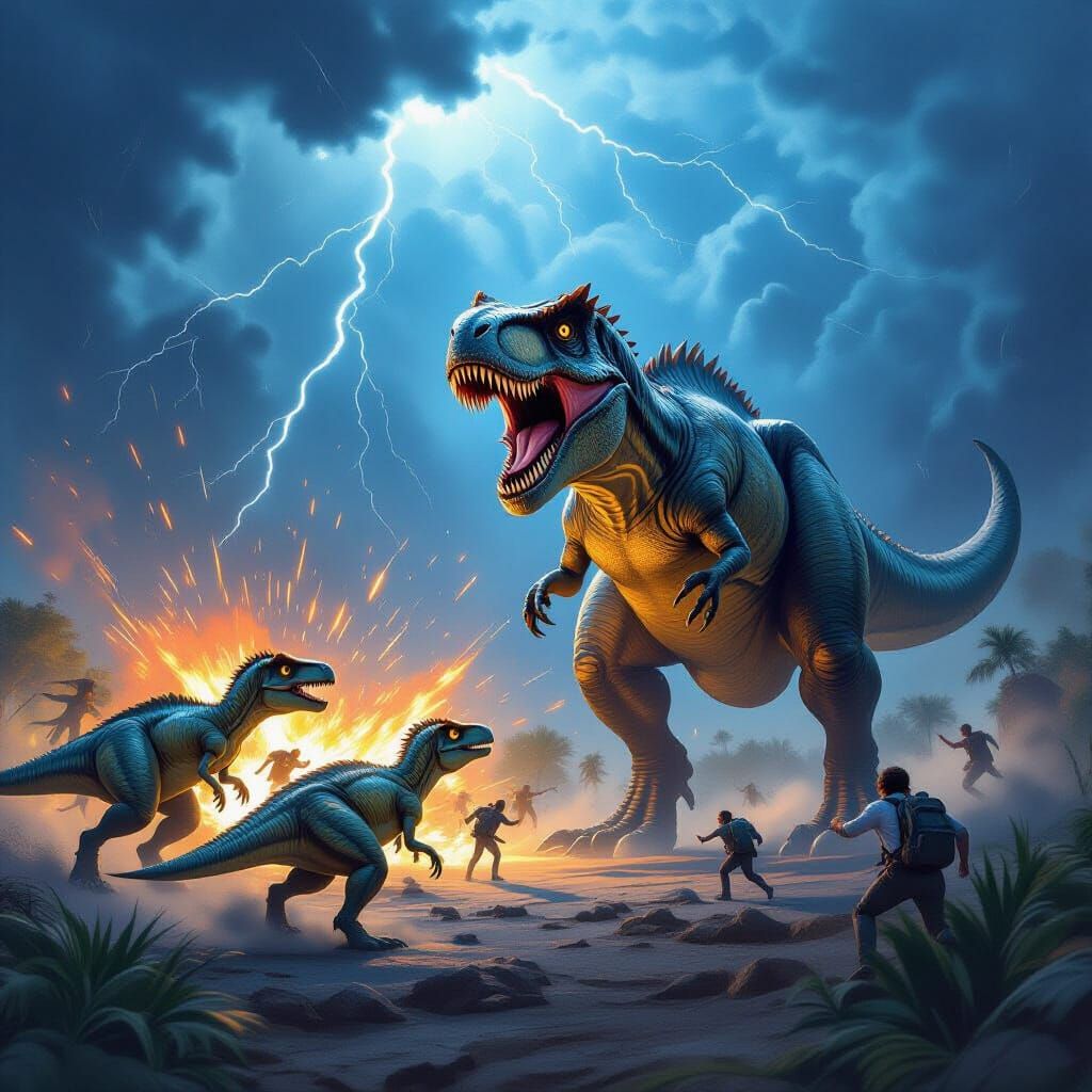 Velociraptors vs T-Rex with Terrified Humans