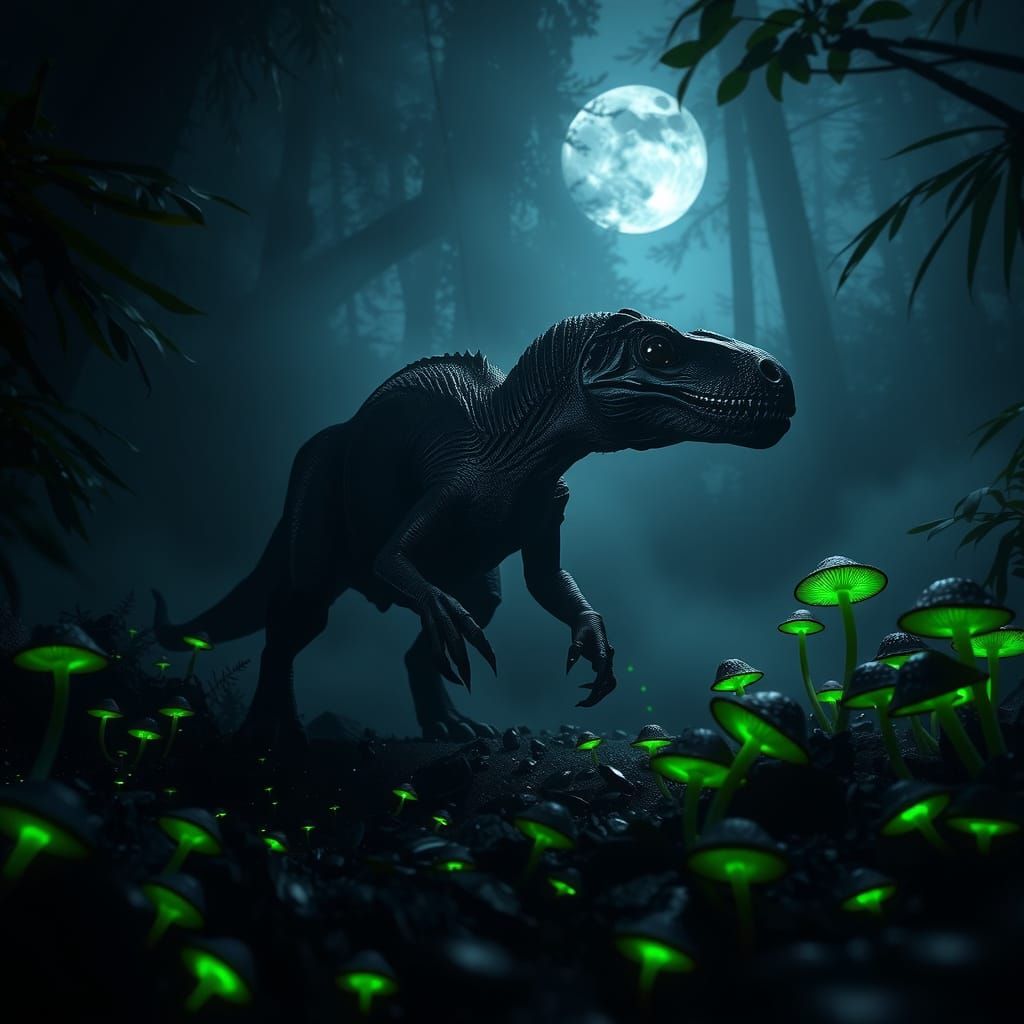 Dark Fantasy Raptor Emerges from Mystical Fog in Neon-Lit Ni...