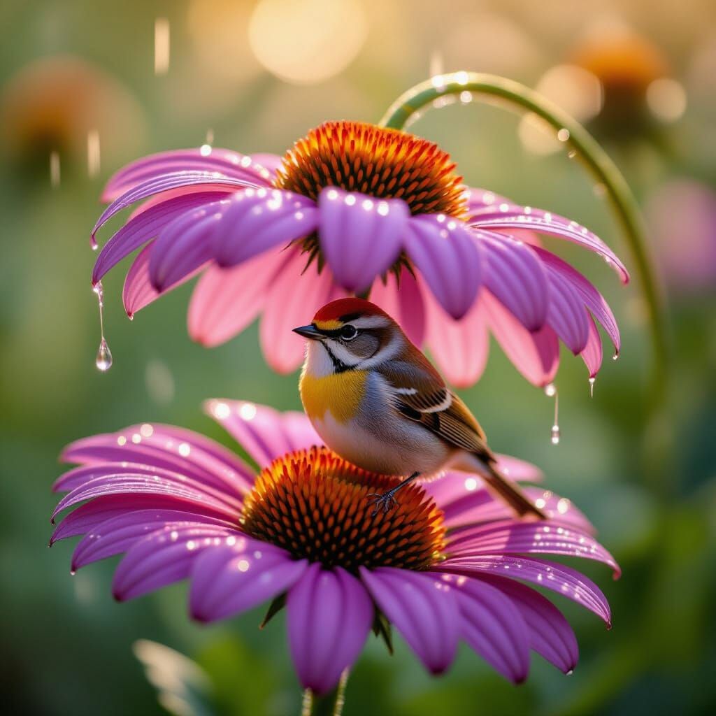 Songbird Shelters Under Purple Daisy in Golden Rain