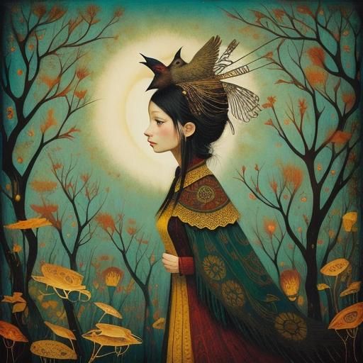 Dreamlike Woman-Bird in Art Brut Style