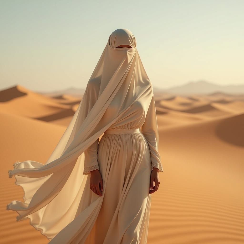 Woman in Veil Amidst Desert Landscape