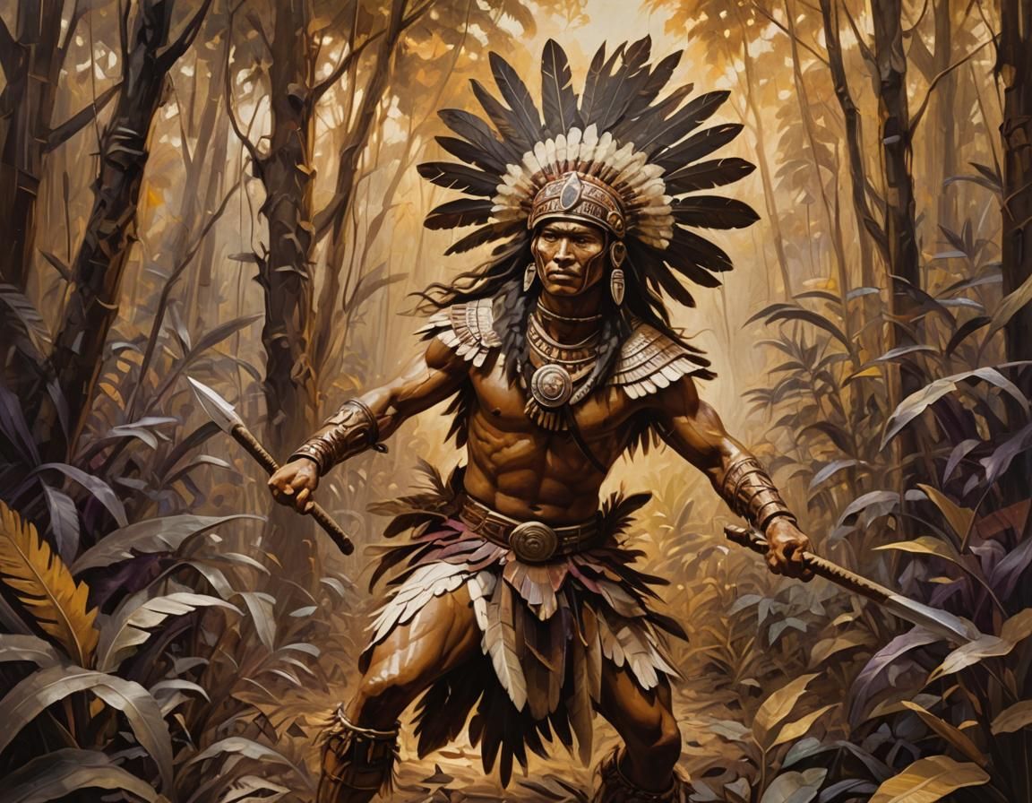 Aztec Warrior with Macuahuitl in Sepia Oil Painting