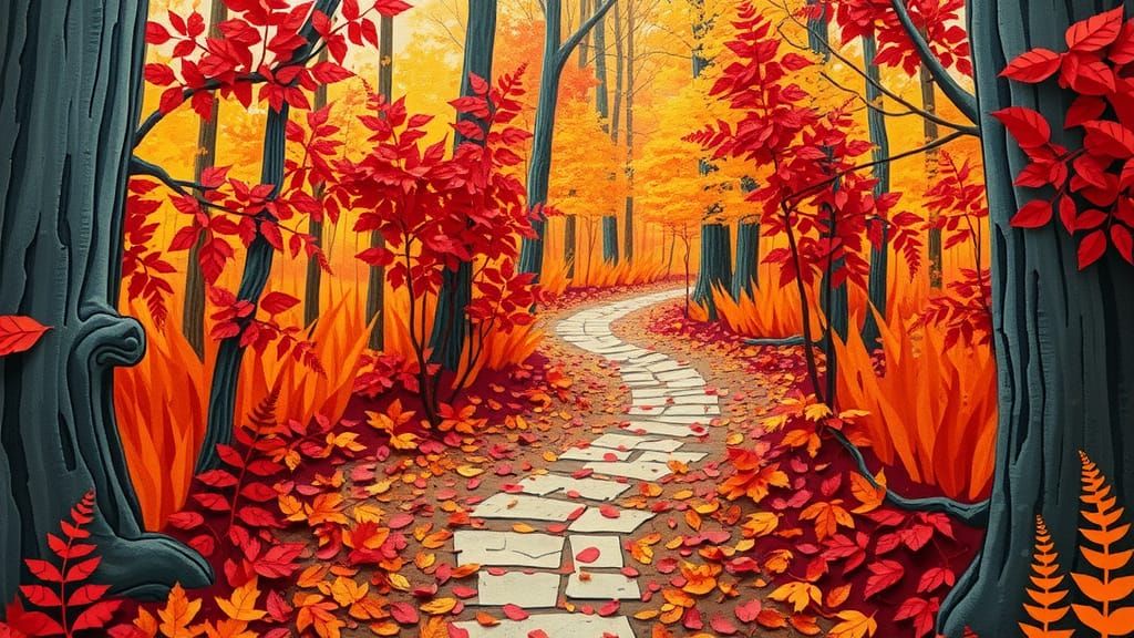 Autumn Forest Path in Paper Collage Art