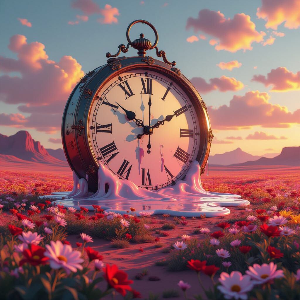 Melting Clock in Blooming Desert, Painterly Style