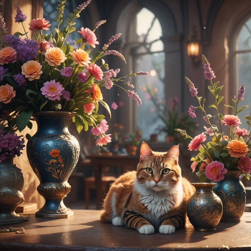 Cat with Flowers: Detailed Fantasy Matte Painting