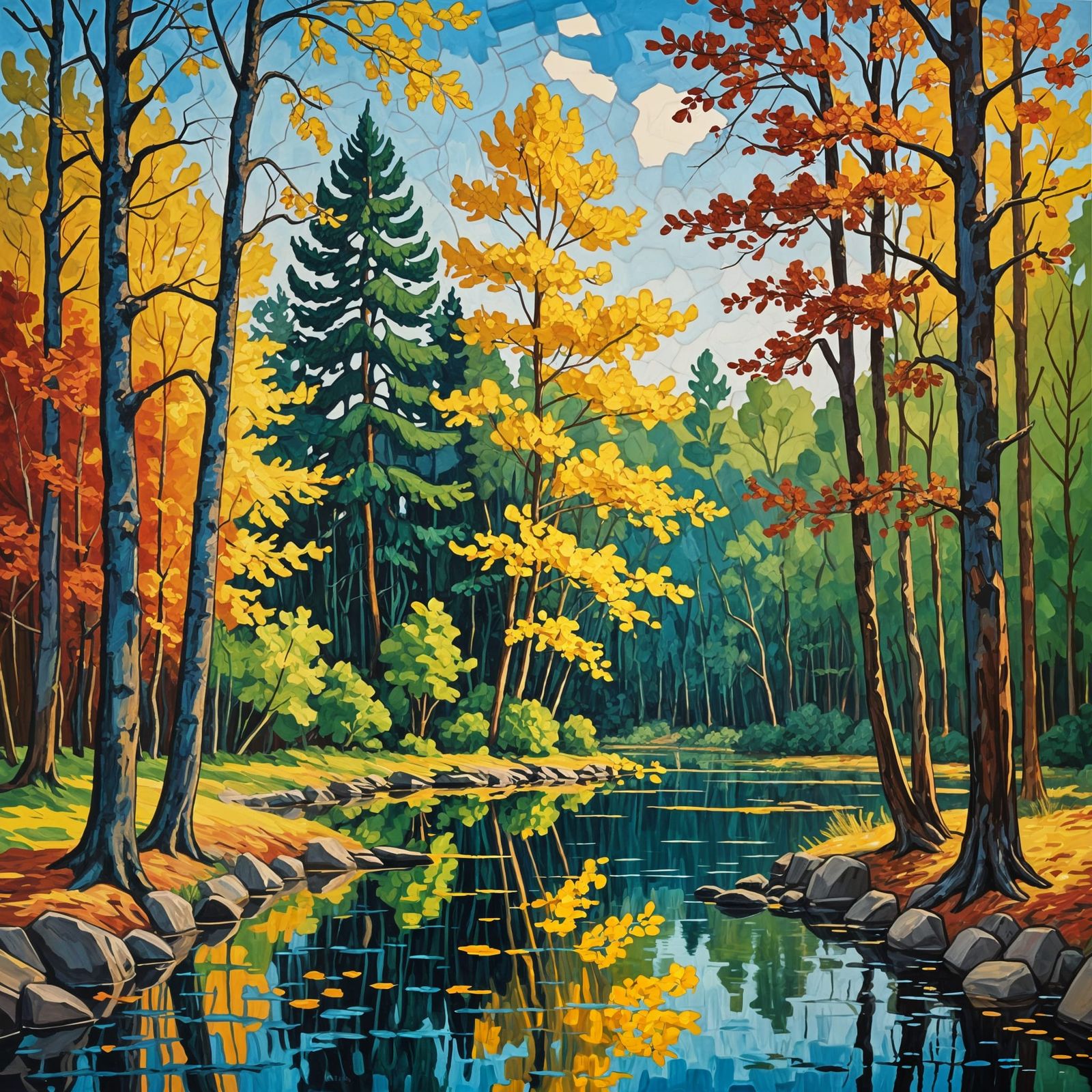 Vibrant Red Blue and Yellow Lakeside Forest