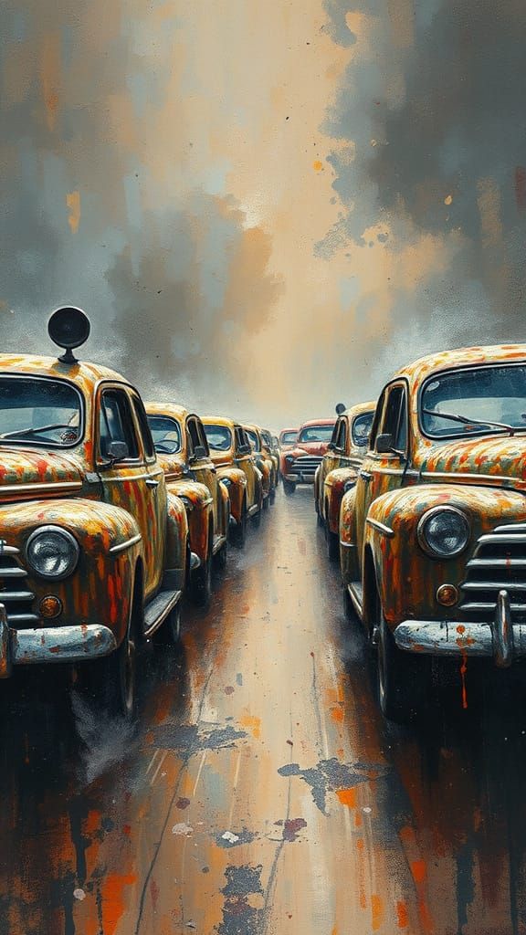 Old Cars Entwined in Rotten Textures, a Dark Haze