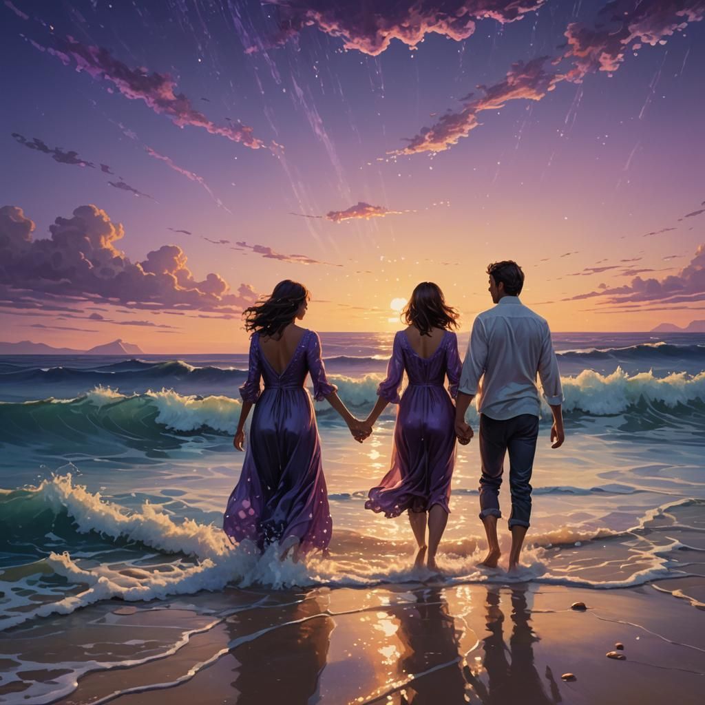 Romantic Couple Walking on Ocean Shoreline