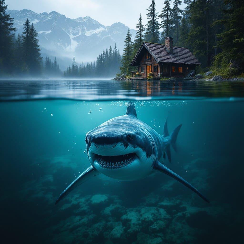 Shark in Lake Near Cabin Split Shot