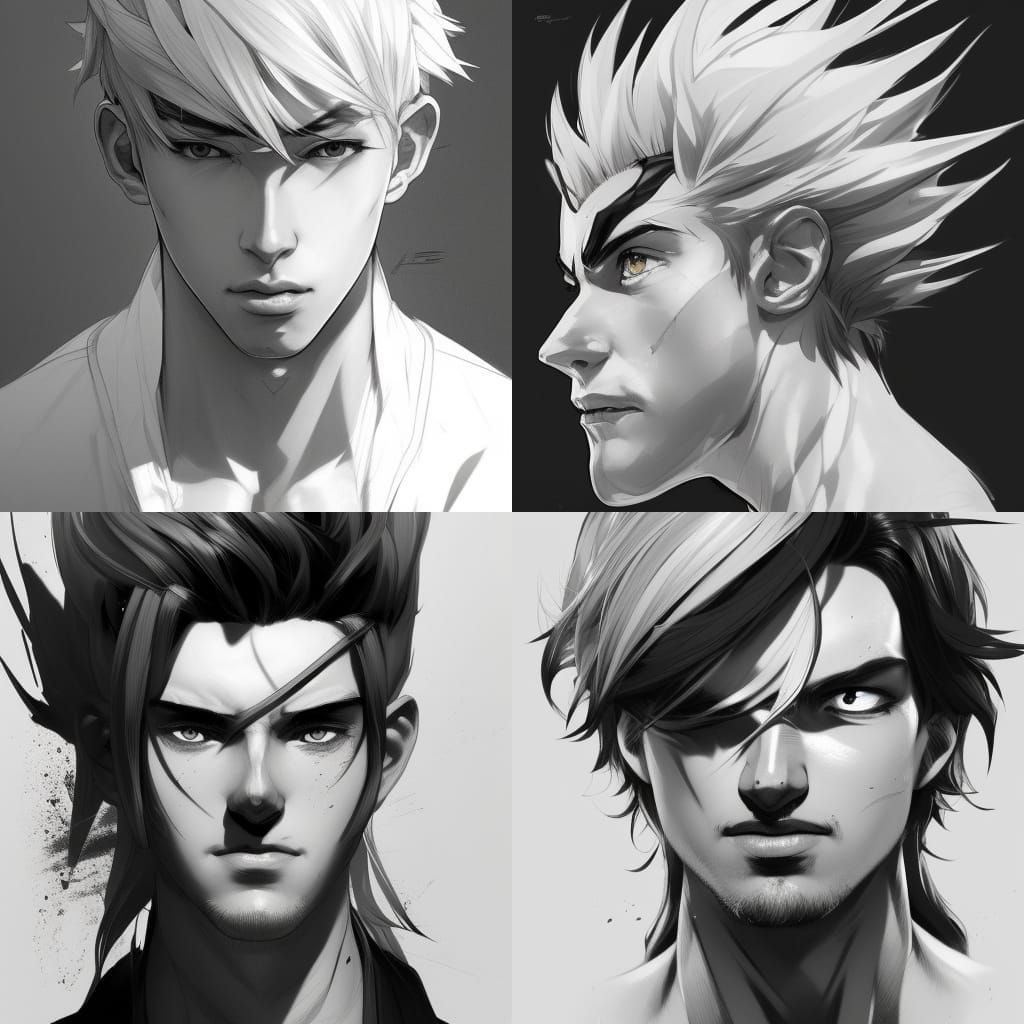 Anime Male Portrait with Black and White Hair