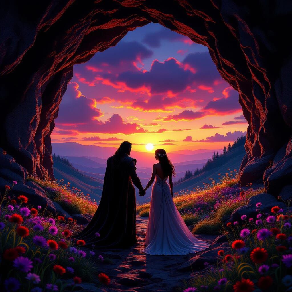 Hades and Persephone at Underworld Entrance at Dusk