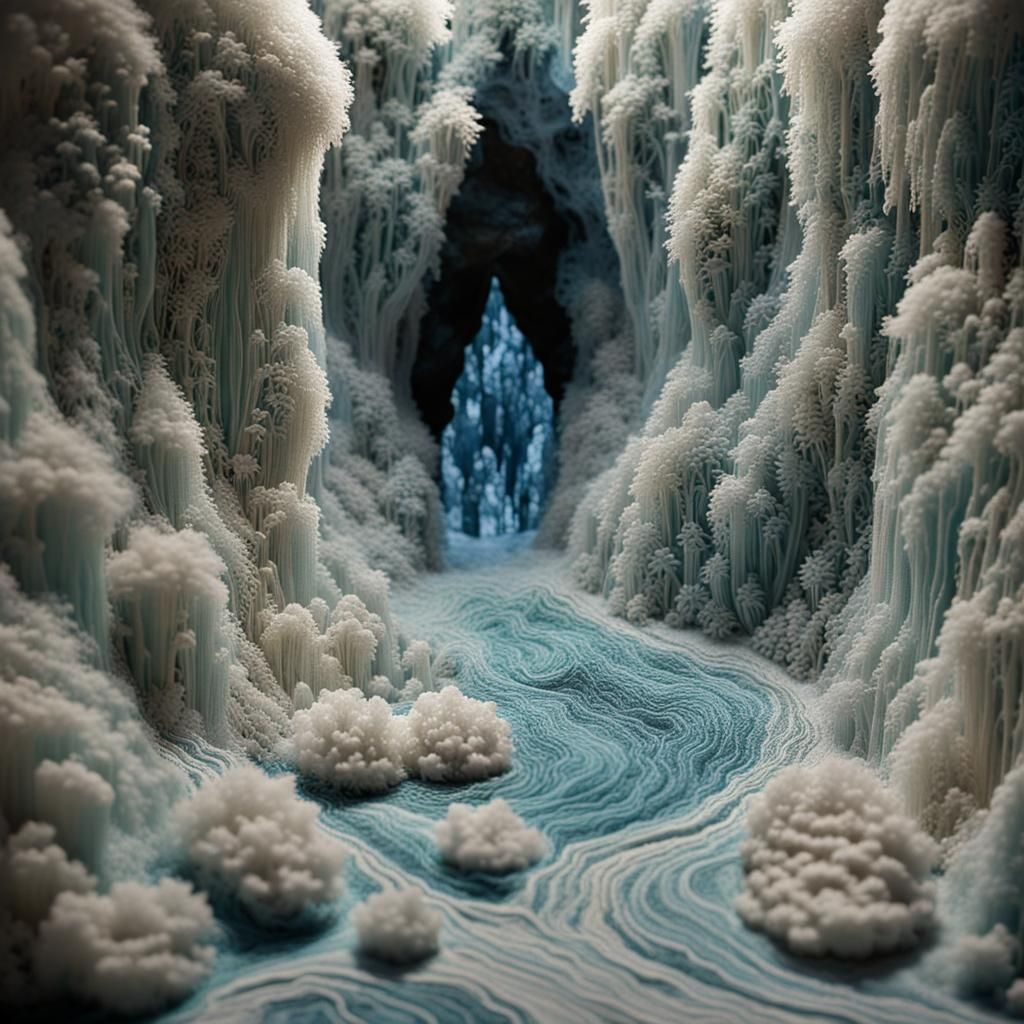 hand knitted embroidery work on a cave landscape