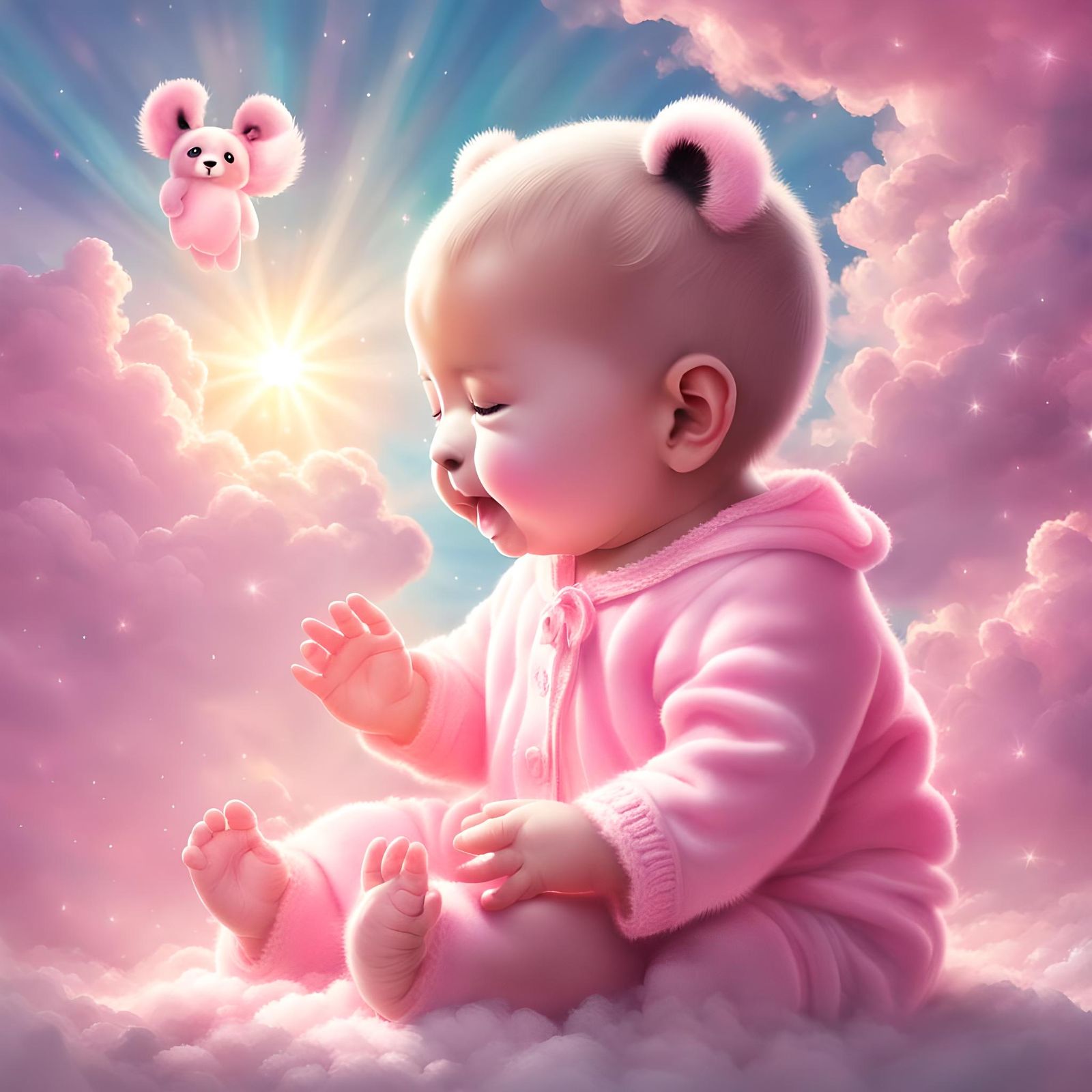 Crying Pink Panda Cub with Girl in Sunshine