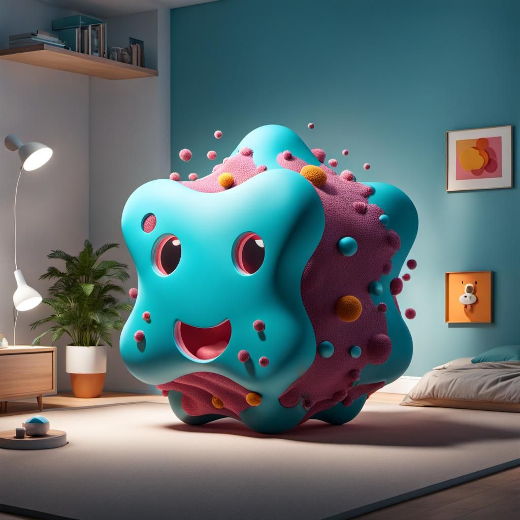 Anthropomorphic Amoeba in Bedroom: 3D Art