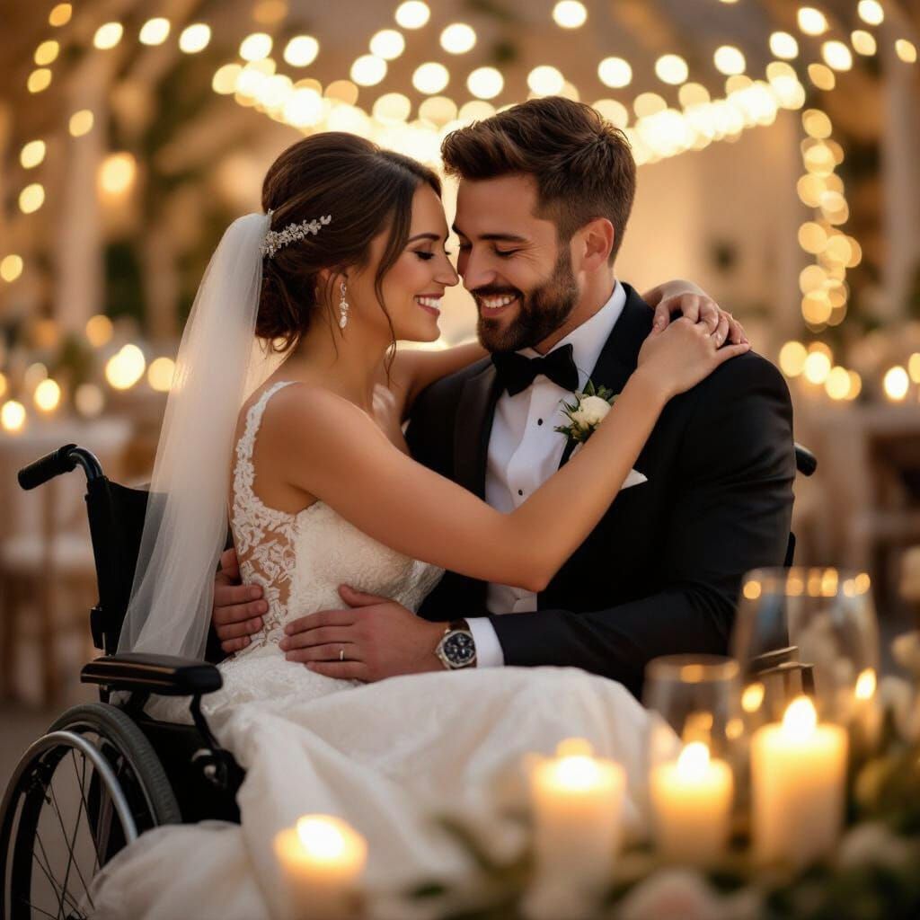 Joyful Bride and Groom in Wheelchairs Share Loving Embrace