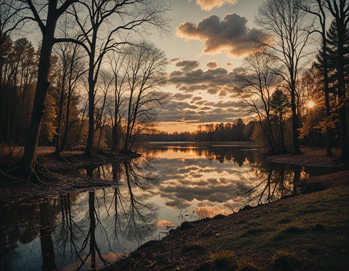 Cinematic Sunset Over Lake with Dramatic Clouds